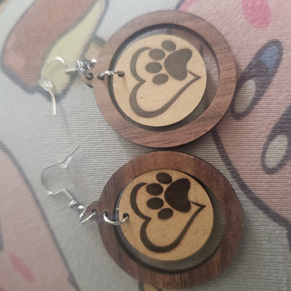 Heart Paw Print Wooden Earrings